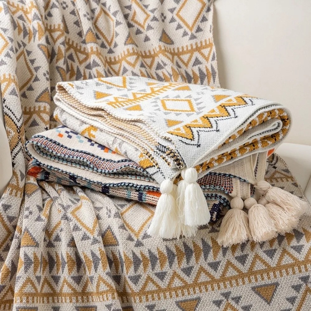 Boho Throw Blanket Fringe - بطانيات بوهو محبوكة بشكل سميك بتصميم