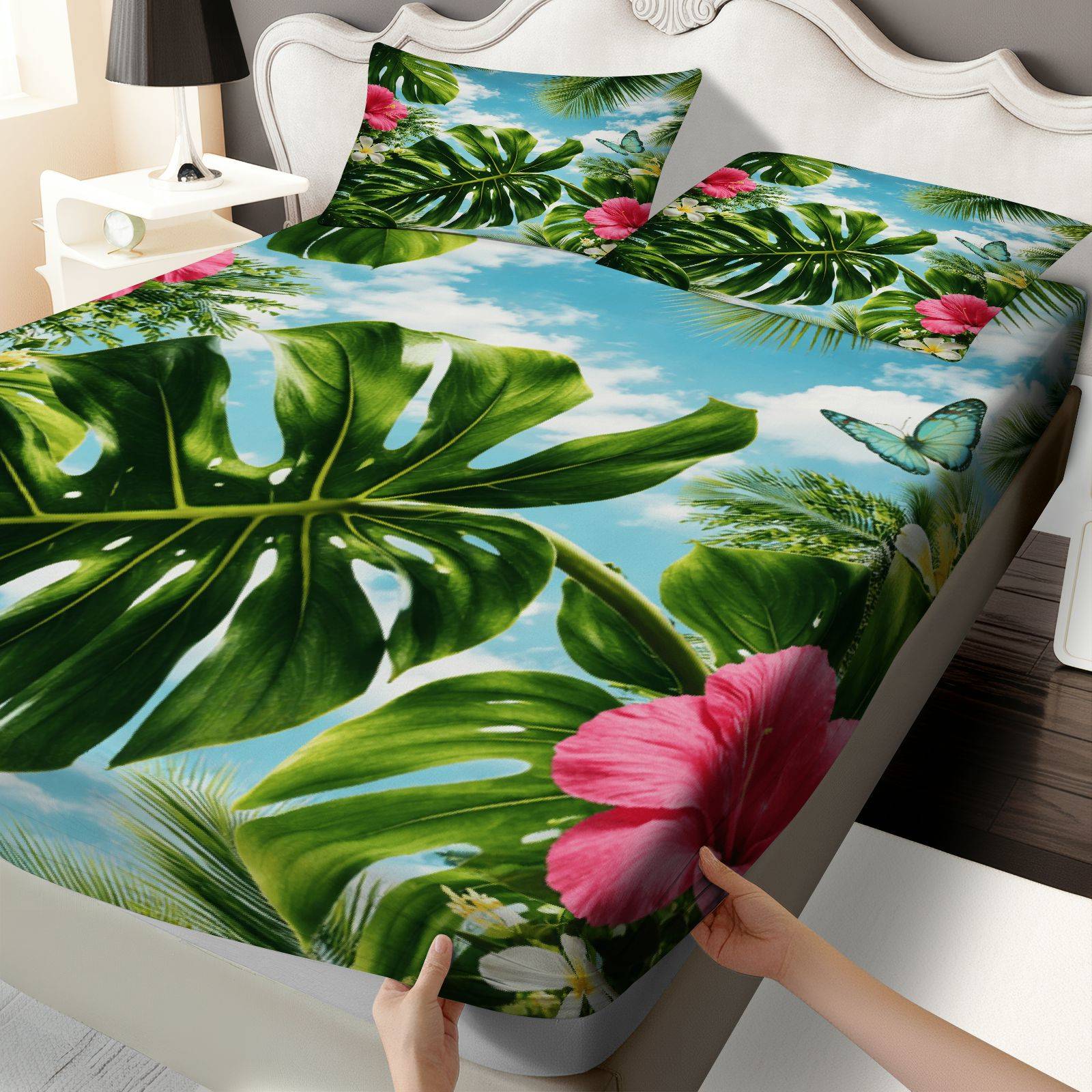 Fitted Bed Sheets Deep Pocket - طقم ملاءات سرير بنقشة الكركديه الاستوائي،