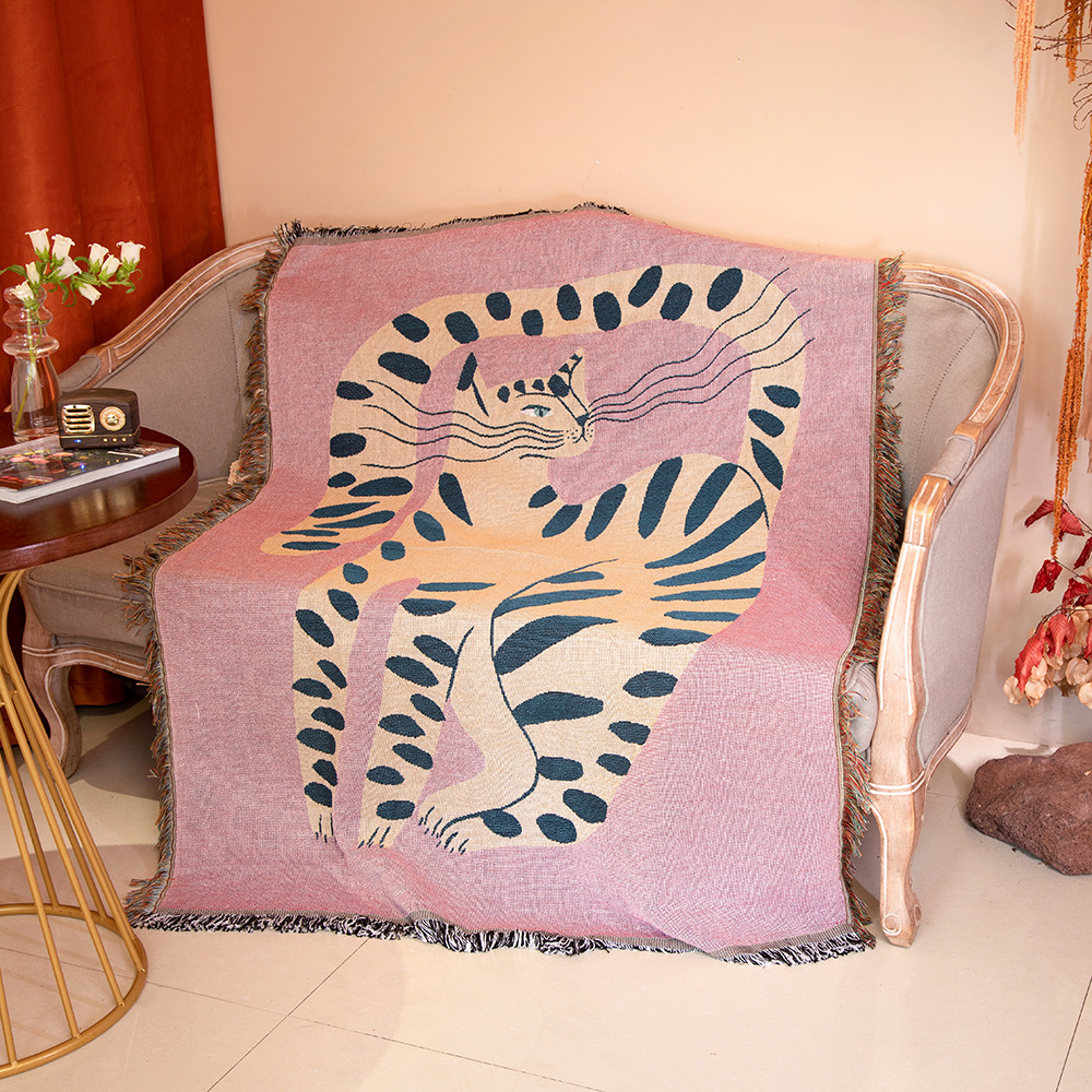 Boho Throw Blanket Fringe - بطانية بوهو جاكار بتصميم قطط تجريدية،