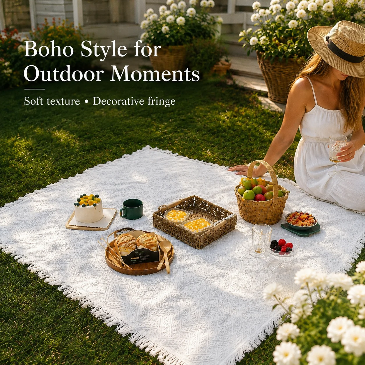 بطانية نزهة بوهو، حصيرة تخييم  - مراجعة Boho Throw Blanket Fringe وسعره